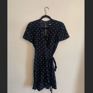 Reformation Linen Sally Polka Dot Wrap Dress Size Small Blue